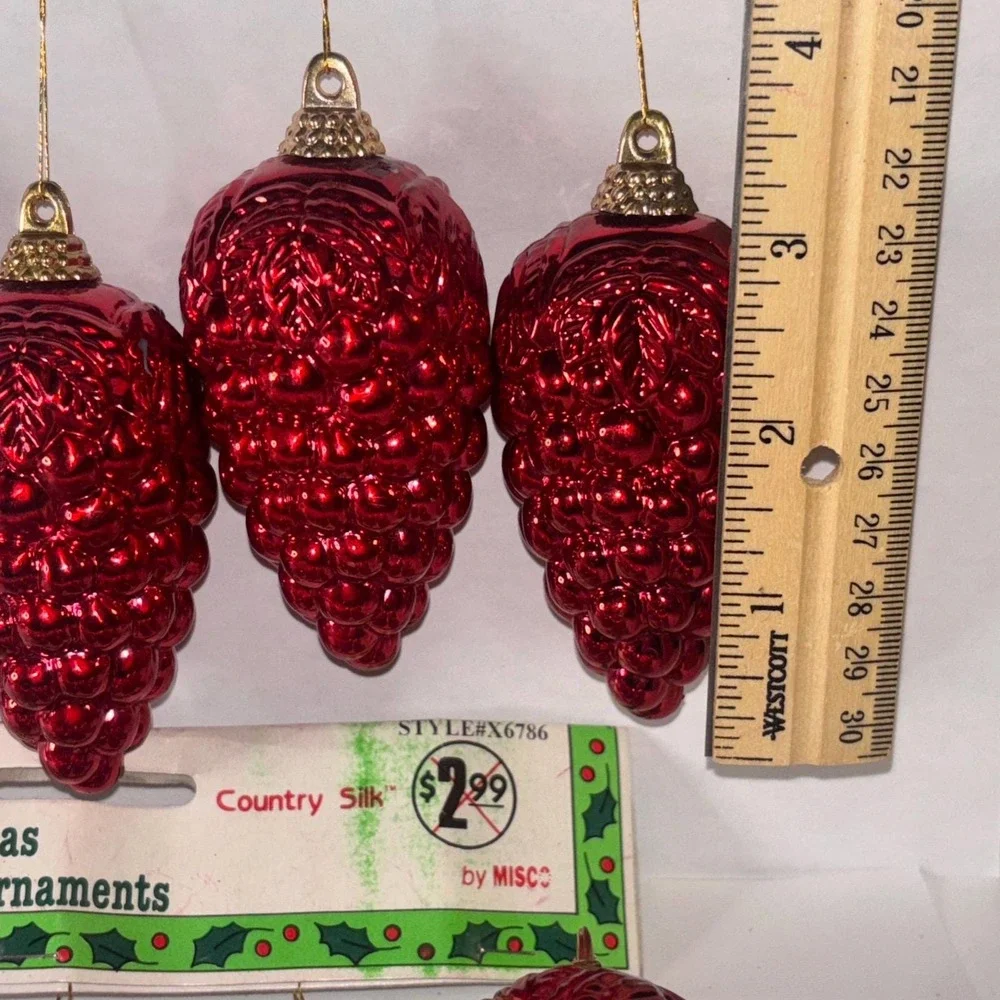 9 Vintage Red Plastic Pine Cone Christmas Tree Ornaments 3.5
